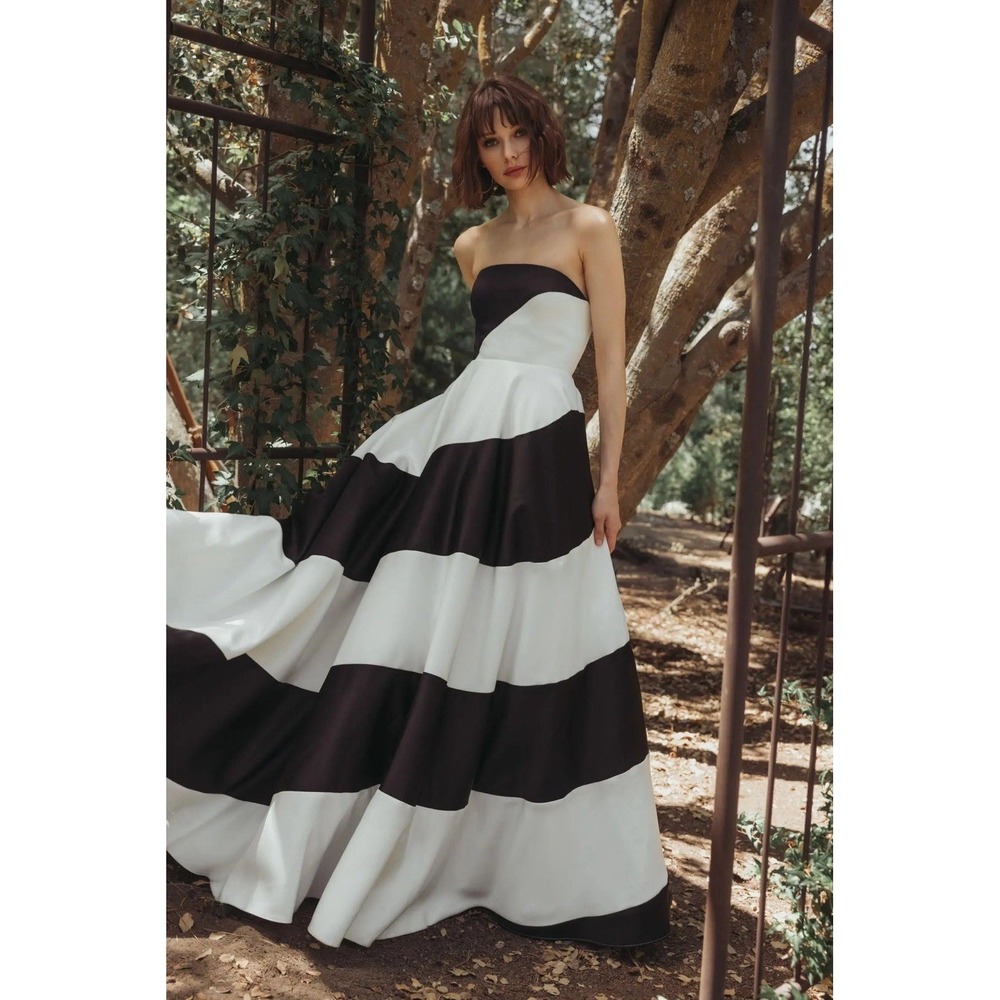 Ieena Mac Duggal Black and White Striped Satin Strapless Ball Gown‎ $598 #56190